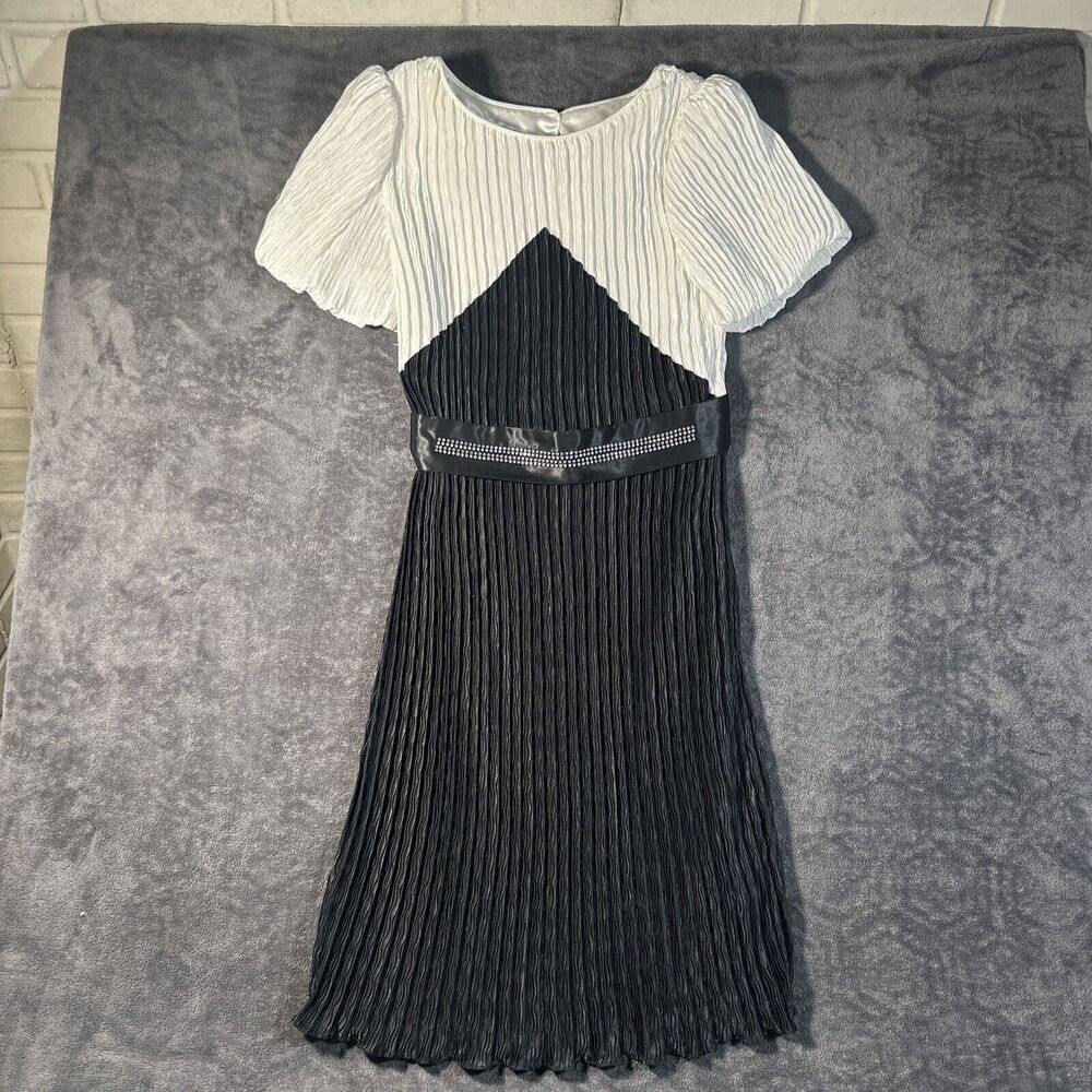 Edith Flagg VTG Pleated MIDI Dress S Black White Puff Sleeve Sequin Flapper Coco